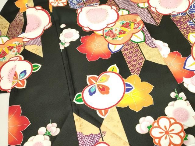 平和屋着物●小振袖　二尺袖　矢羽舞花文　黒地　金彩　DAAX1949op 平和屋着物○小振袖 二尺袖 矢羽舞花文 黒地 金彩 DAAX1949op