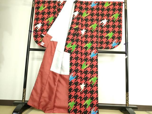 平和屋着物○小振袖 二尺袖 千鳥格子 黒地 金彩 洗える着物 DAAX1970op