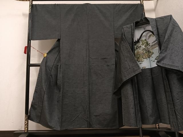 平和屋着物 男性 紬 アンサンブル 色無地 消炭色 正絹 AABC3702ph