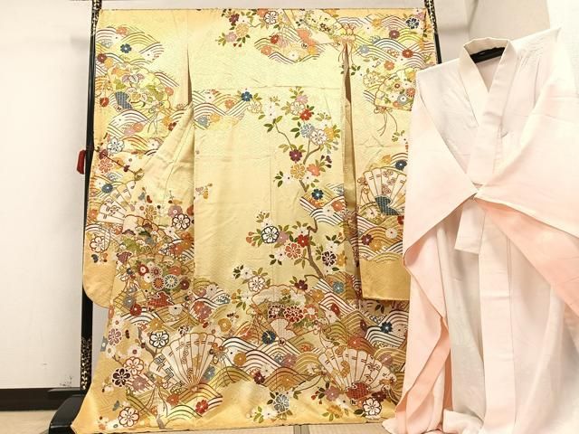 平和屋着物○豪華振袖・長襦袢(無双仕立て)セット 駒刺繍 檜扇花文