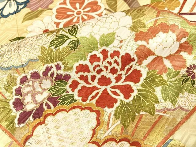 平和屋着物●豪華振袖・長襦袢(無双仕立て)セット　駒刺繍　檜扇花文　金彩　三越扱い　ロング丈　正絹　逸品　AABC3704ph 平和屋着物○豪華振袖・長襦袢(無双仕立て)セット 駒刺繍 檜扇花文