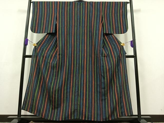 平和屋着物▽上質な小紋 単衣 縞 鬼しぼ縮緬 正絹 AABC6190jh