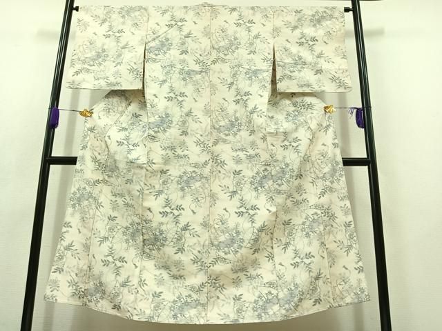 平和屋着物▽上質な紬 単衣 草花文 正絹 AABC6193jh