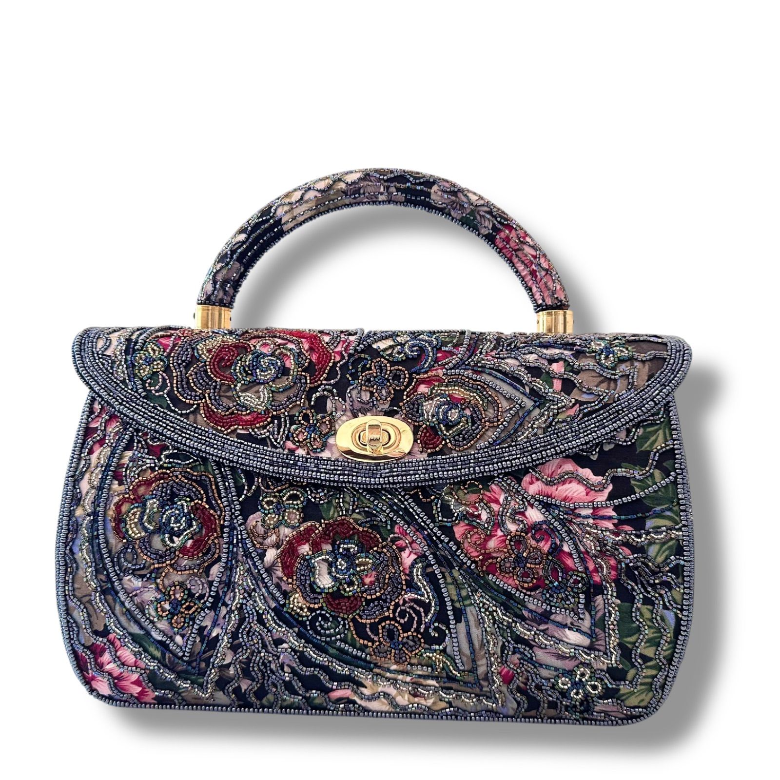 訳あり美品】ルミーはしもと ビーズ刺繍 フラワー ハンドバッグ