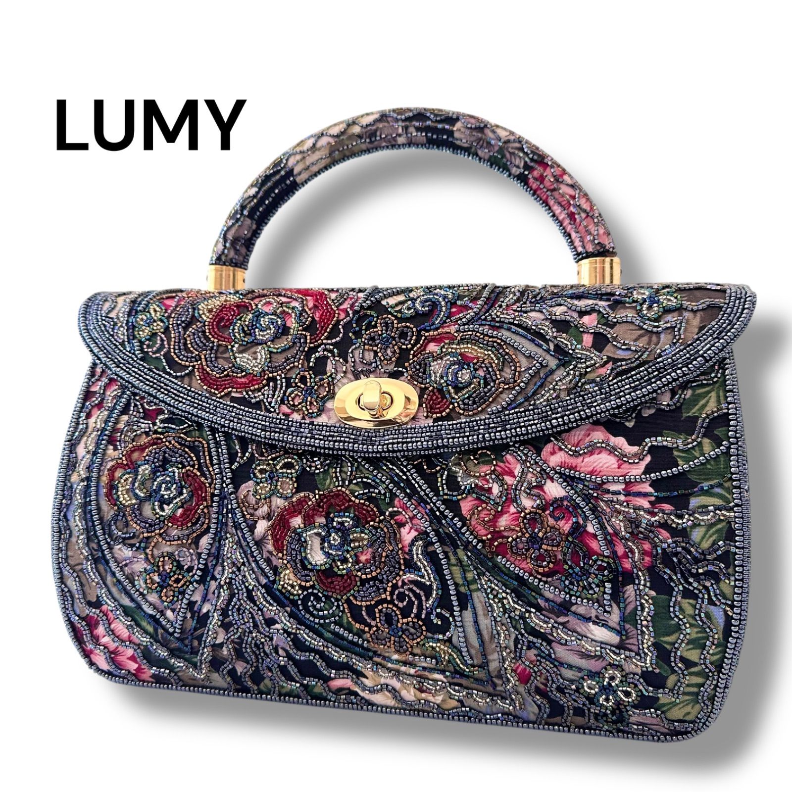 未使用品　LUMYはしもと　ハンドバッグ 訳あり美品】ルミーはしもと ビーズ刺繍 フラワー ハンドバッグ