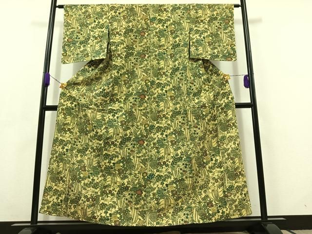 平和屋着物▽上質な紬 単衣 型染め 飾花文 正絹 ♥ AABC6794jh