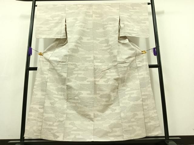 平和屋着物▽結城紬 単衣 100亀甲 雲取り文 正絹 AABC6795jh