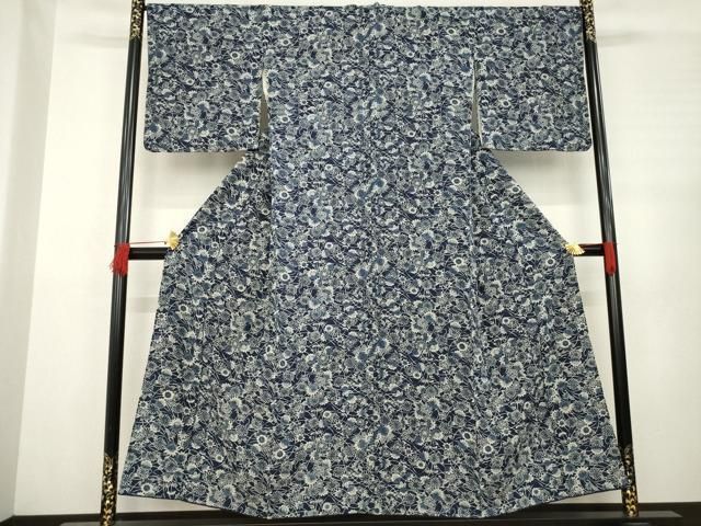 平和屋着物●上質な小紋 本藍 型染め 草花文 正絹 AABC5635ck