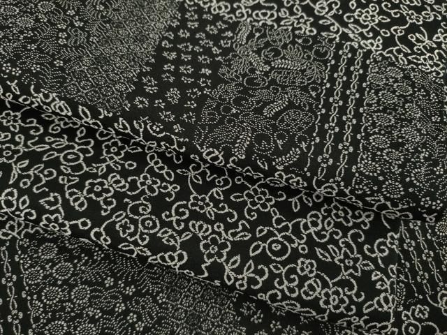 平和屋着物 お召 横段文 黒地 正絹 AABC5641ck