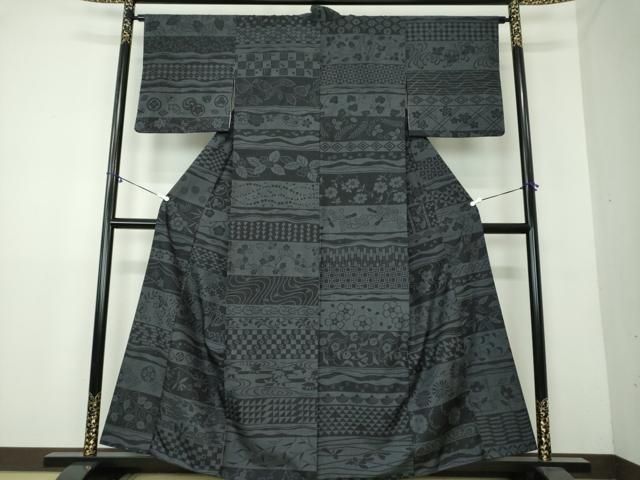 平和屋着物●上質な小紋 紬地 百柄 横段吉祥花文 さが美扱い 正絹 DAAY1695ps