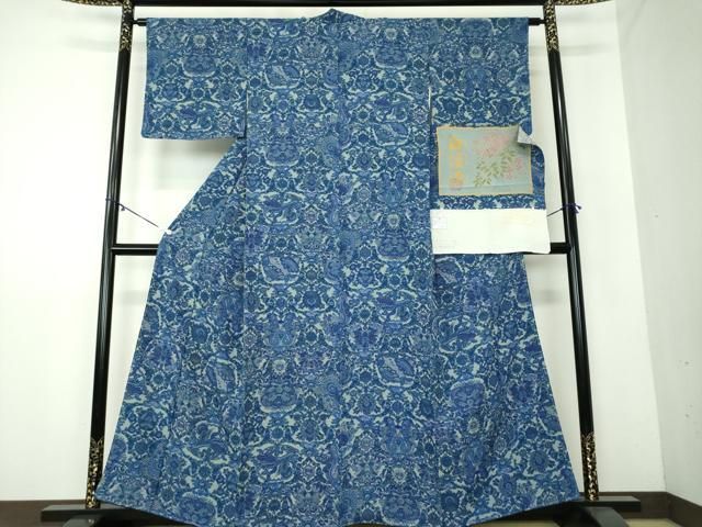 平和屋着物●上質な小紋 白檀染 鳳凰更紗花文 反端付き 正絹 ♥ DAAY1734ps