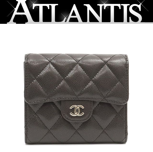 広尾店 シャネル CHANEL クラシックフラップ コンパクトウォレット 三つ折り財布 ブラウン キャビアスキン ランダムシリアル 17469