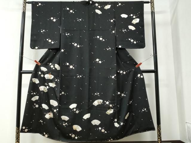 平和屋着物 訪問着 絞り 刺繍 地紙草花文 黒地 金彩 正絹 CAAZ3107yc