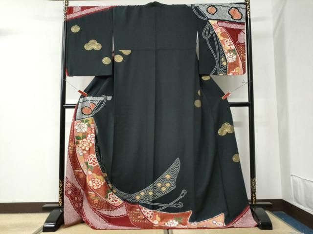 平和屋着物●訪問着 絞り 刺繍 几帳牡丹鈴吉祥花文 黒地 金彩 ロング丈 正絹 CAAZ3114yc