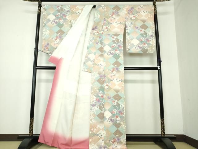 格子花文 暈し染め