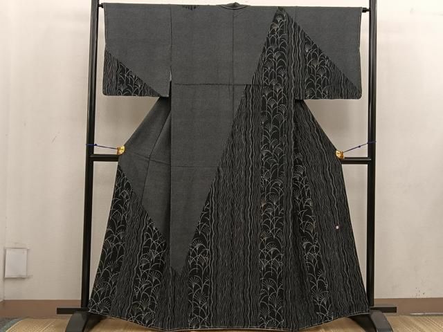 平和屋着物●訪問着 作家物 草葉文 黒地 正絹 ♥ BAAV6193mz