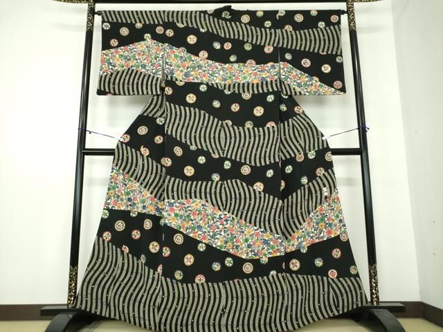 平和屋着物 江戸紅型 五味桂子 訪問着 変わり間道 吉祥花文 黒地 正絹 DAAY1967ps