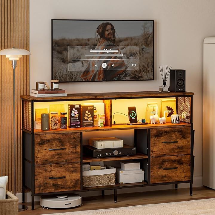 IKIFLY チェスト収納 タンス 棚付き 箪笥リビング収納チェスト LEDライト付き テレビボード おしゃれ 収納ケース 引き出し 大容量 USBポート付き洋服タンス 布製 玄関キャビネット ビンテージ 幅140x奥行30x高さ82cm