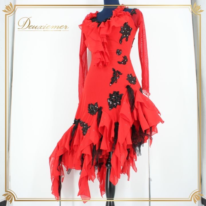社交ダンス 衣装 ラテン ドレス ワンピース レッスンウェア パーティ衣装 女性用 レディース オールシーズン 赤 黒 ブラック系 solo ICHIOKU イチオク レッド系 ラインストーン スパンコール アシンメトリーデザイン おしゃれ 大人かわいい