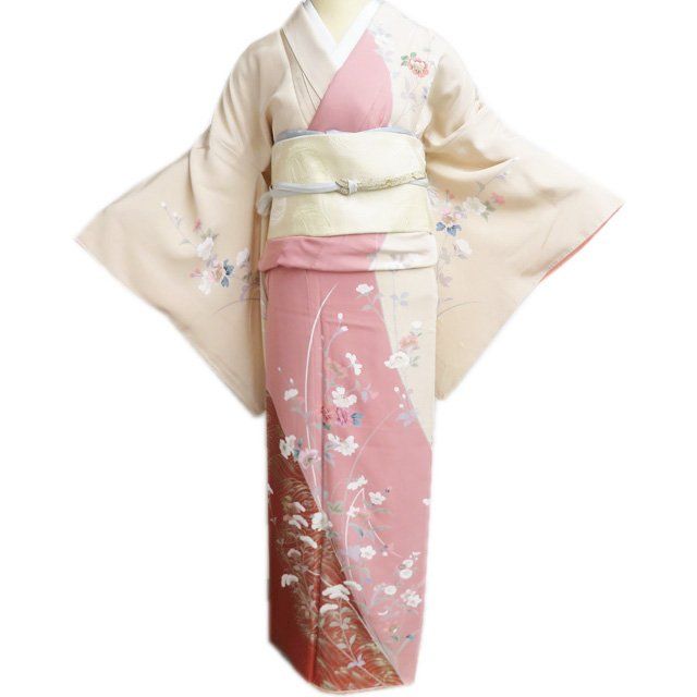 訪問着 着物 正絹 袷 フォーマル 花の図 波文 秋草 洗柿色 珊瑚朱色 多色 金 身丈164cm 裄70cm L きもの北條 A1291-6