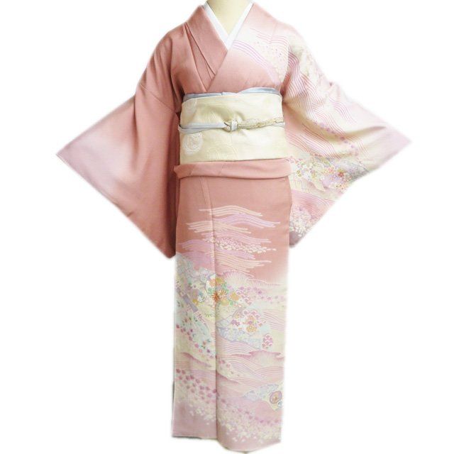 特選 訪問着 着物 正絹 袷 フォーマル 金駒刺繍 波に花の図 東雲色 灰梅色 多色 身丈161cm 裄65cm M きもの北條 A1291-8