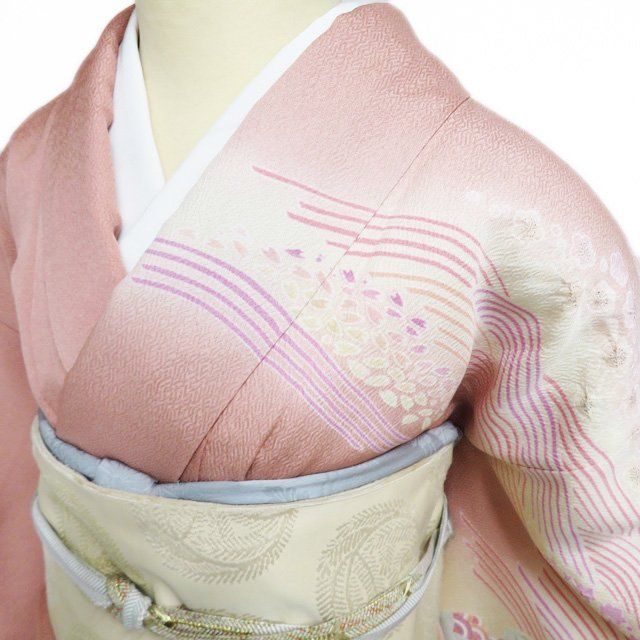 特選 訪問着 着物 正絹 袷 フォーマル 金駒刺繍 波に花の図 東雲色 灰梅色 多色 身丈161cm 裄65cm M きもの北條 A1291-8