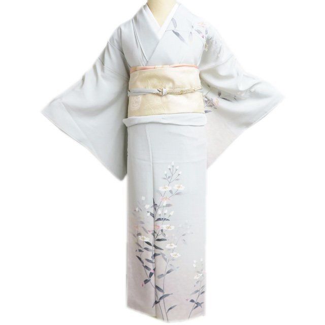 訪問着 着物 正絹 袷 フォーマル 十日町友禅作家 一梗 花の図 白緑色 多色 身丈154cm 裄65cm SA きもの北條 A1291-7