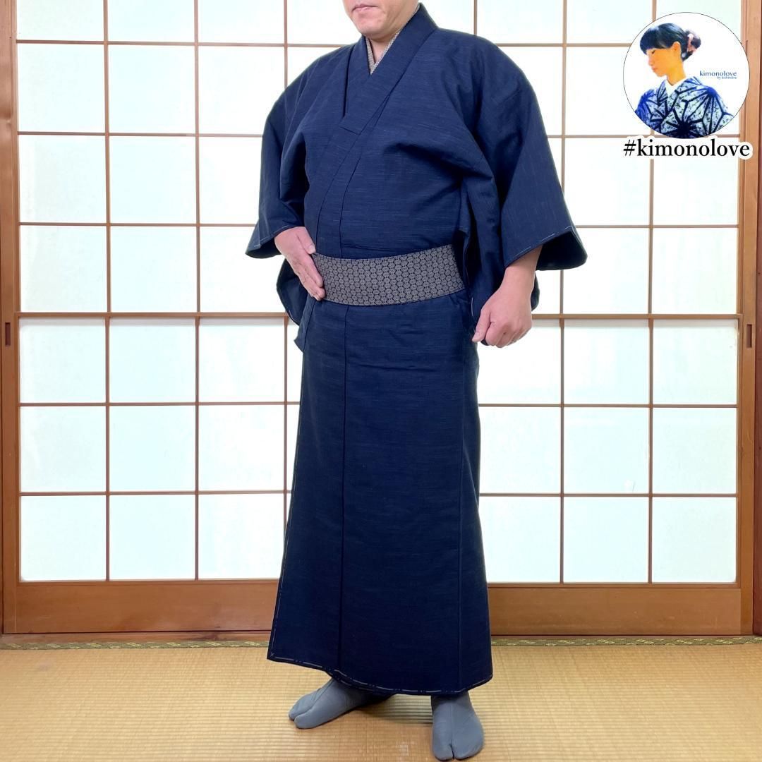 メンズ紬着物 袷 正絹 濃紺 身長170cm前後 男着物 kimonolove 新古品 オゾン消臭サービス A-2098