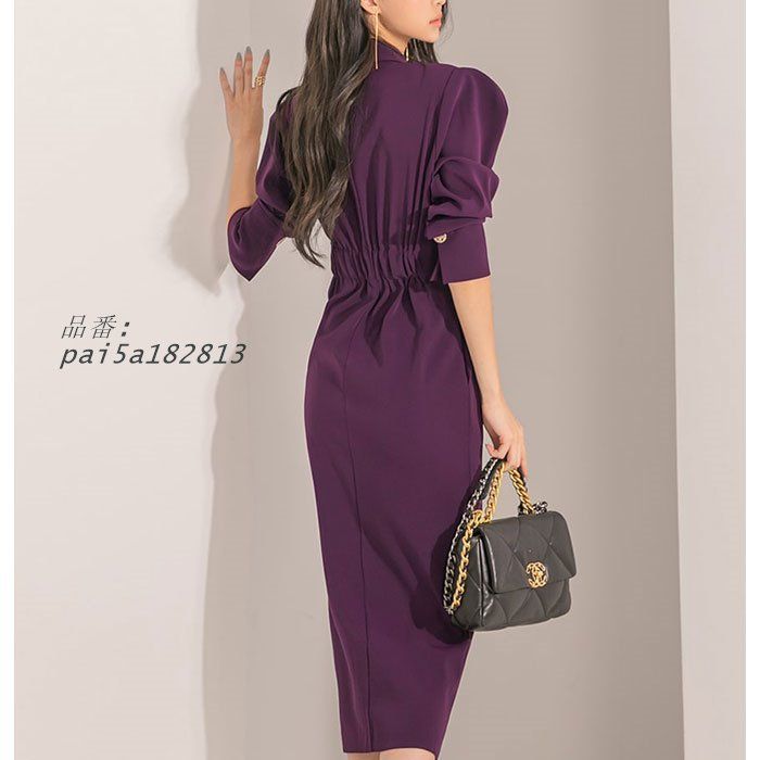 襟付きトレンチコート風 2連前ボタンミモレ丈長袖ワンピース