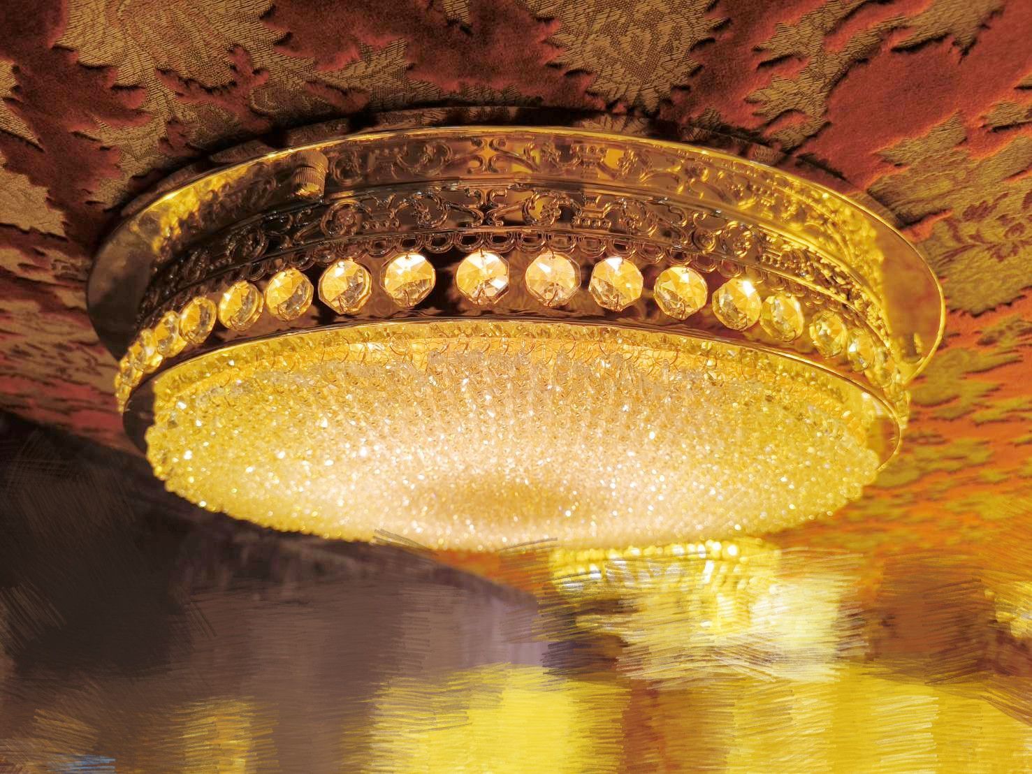 直径45cm UFO型天吊り トラックシャンデリア 1段 フルゴールドメッキ クリスタルビーズ 男の城 デコトラ 観光バス 車内照明 訳アリ品 18-C8708S