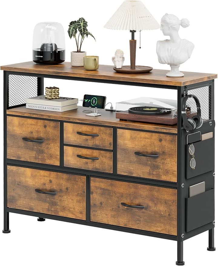 IKIFLY チェスト収納 箪笥 棚付き リビング収納チェストLEDライト付きおしゃれ タンス 引き出し 大容量 USBポート付き洋服タンス 布製 テレビボード マルチチェス 整理タンス Vintage 幅100x奥行30x高さ82cm