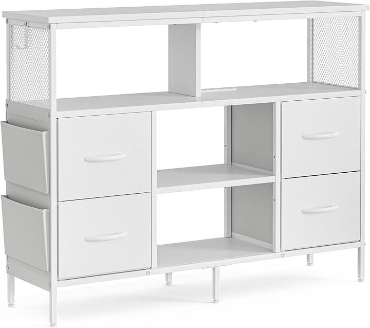 IKIFLY チェスト収納 タンス 棚付き 箪笥リビング収納チェスト LEDライト付き テレビボード おしゃれ 収納ケース 引き出し USBポート付き洋服タンス 布製 ホワイト 幅110x奥行30x高さ82cm