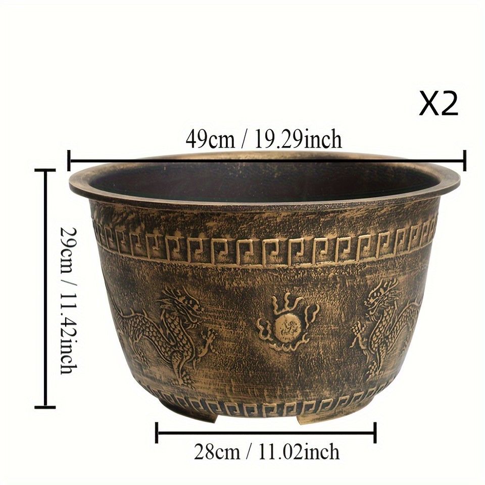 ヴィンテージデザイン 樹脂製ガーデンプランター 直径49cm ダブルドラゴン柄 錆びにくい 屋内外兼用 花 植物 鉢植え 庭 ベランダ バルコニー 園芸用品 観葉植物 植木鉢 庭造り ブロンズ2個