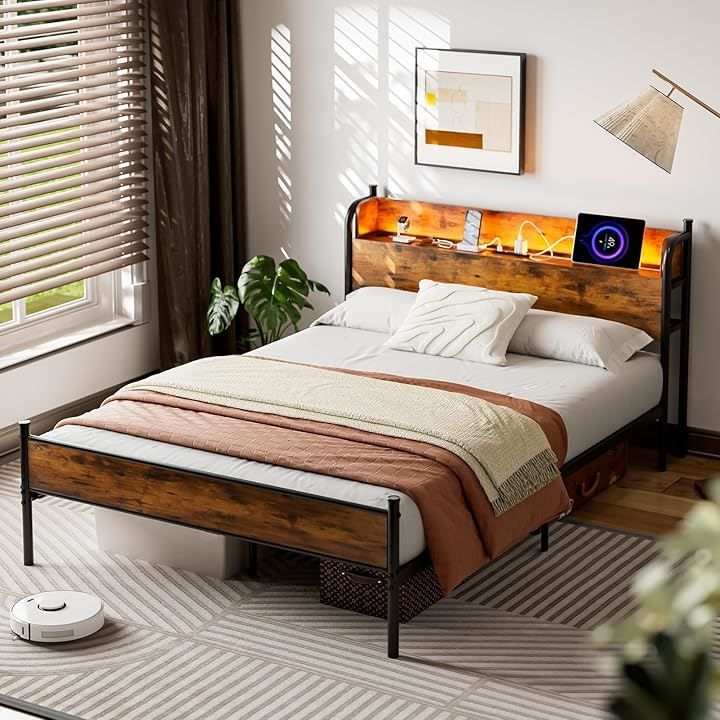 IKIFLY ベッドフレーム パイプベッド D コンセント USB充電付き LEDライト付きスチールベッド すのこベッド 収納宮棚付き 2段階高さ調整 頑丈 カビ防止 安定性 耐久性 耐荷重350KG 組立簡単 ビンテージ ダブル