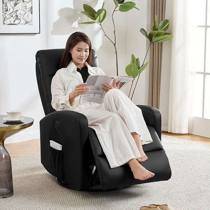 IKIFLY 電動 リクライニングチェア リクライニングソファ USBポート付き ファブリック オットマン一体型 パーソナルチェアー 電動ソファ モーションソファー 耐圧分散 165度無段階調節 270° 回転 皮革 ブラック 1人掛け