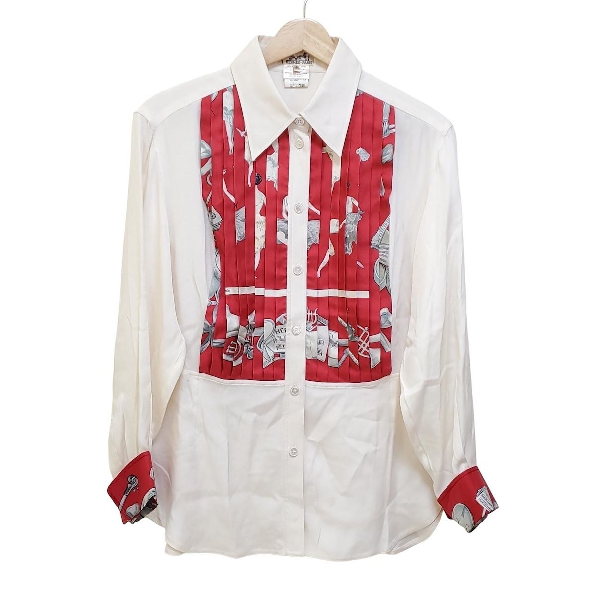 HERMES エルメス 長袖シャツブラウス サイズ40 M レディース - アイボリー×レッド×グレー シルク|プリーツ