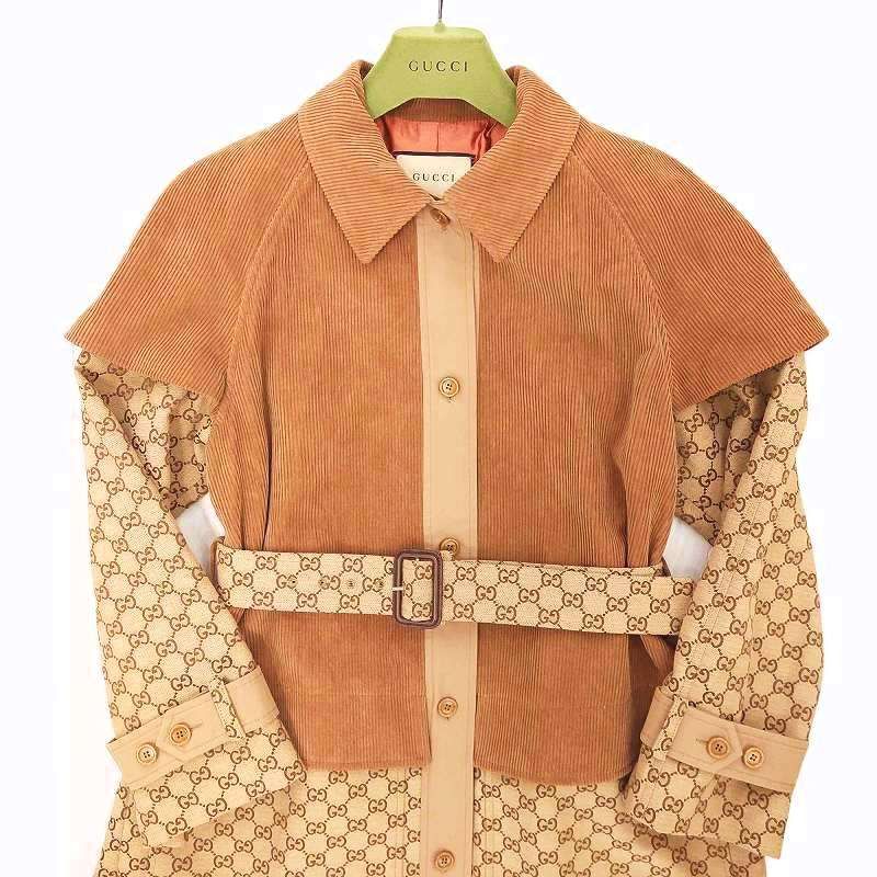 グッチ GUCCI 23AW コーデュロイ-GGジャガード トレンチコート モノグラム ジャケット ロングコート ベルト付 652306 茶 ブラウン 40 約M 1205 GULLKHAN_COM