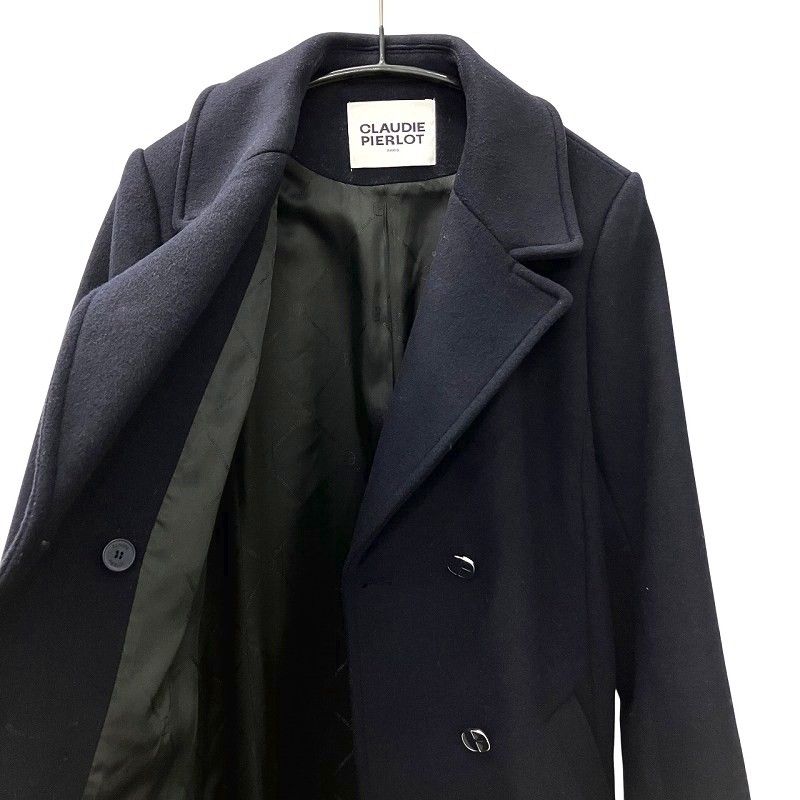  クローディピエルロ CLAUDIE PIERLOT Wool Blend Trench Coat ウール混 トレンチコート ロングコート ダブルブレスト ジャケット ベルト付 36 紺 ネイビー トレンチコート スプリングコート ジャケット アウター