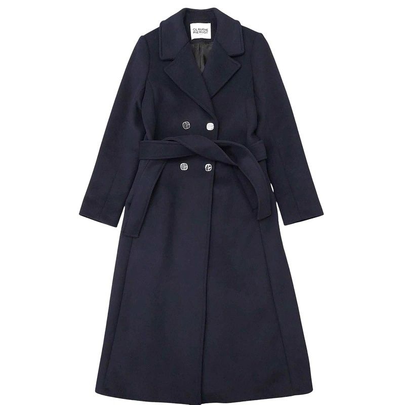 クローディピエルロ CLAUDIE PIERLOT Wool Blend Trench Coat ウール混 トレンチコート ロングコート ダブルブレスト ジャケット ベルト付 CFPOU00459 36 紺 ネイビー