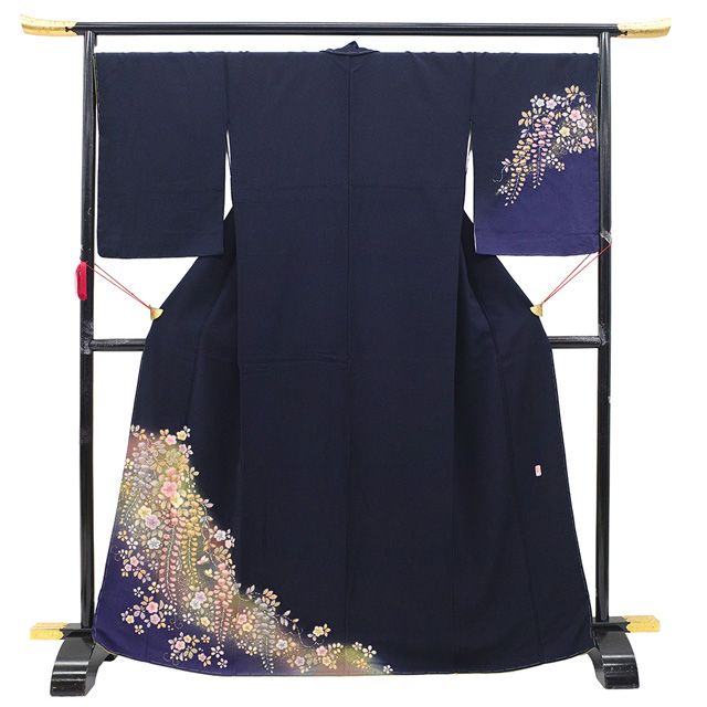 新古品 訪問着 着物 正絹 桐屋 翠山工房 十日町 辻が花 絞り フォーマル 金彩加工 黒紺 紫 草花 ぼかし やまと扱い 春 秋 冬 着物 仕立て上がり 身丈170 裄丈69.5 TLサイズ トールサイズ LL 2L みやがわ sb16525