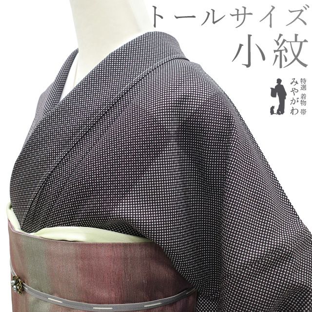新古品 小紋 着物 ♥ 正絹 袷 似せ紫 グレー ドット 市松 カジュアル 春 秋 冬 おしゃれ 上質 着物 仕立て上がり 身丈173 裄丈70 ＴＬサイズ トールサイズ ＬＬ ２Ｌ みやがわ sb16526