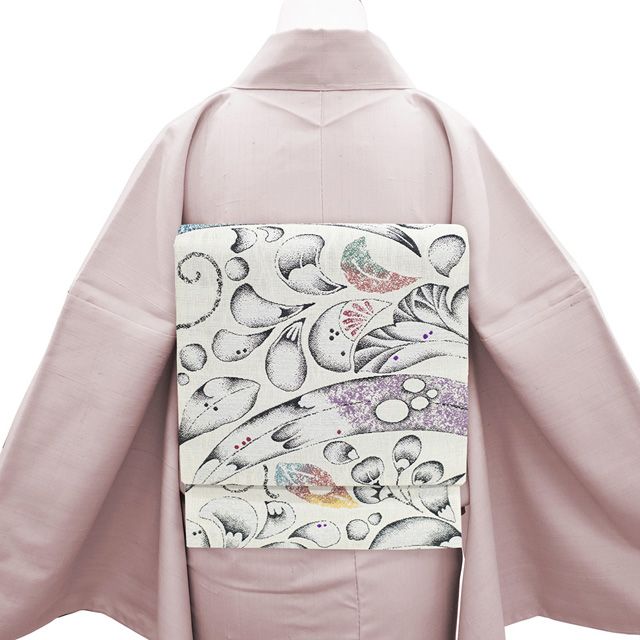 袋帯 正絹 京都 西陣 有栖川織物 銀糸 ライトグレー 辻が花 おしゃれ パールトーン加工済み 春 秋 冬 上 袋帯 絹芯仕立て 仕立て上がり みやがわ sb54681