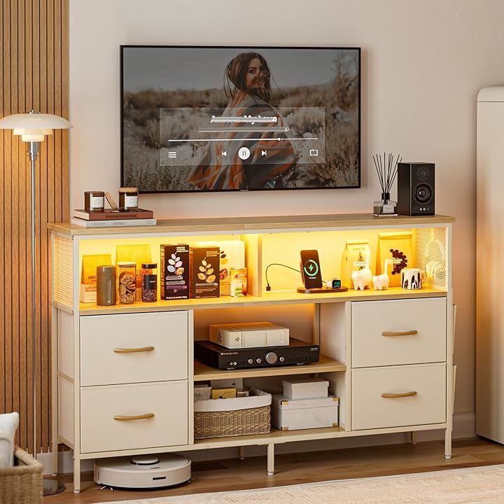 IKIFLY チェスト収納 タンス 棚付き 箪笥リビング収納チェスト LEDライト付き テレビボード おしゃれ 収納ケース 引き出し 大容量 USBポート付き洋服タンス 布製 玄関キャビネット ベージュ 幅140CM