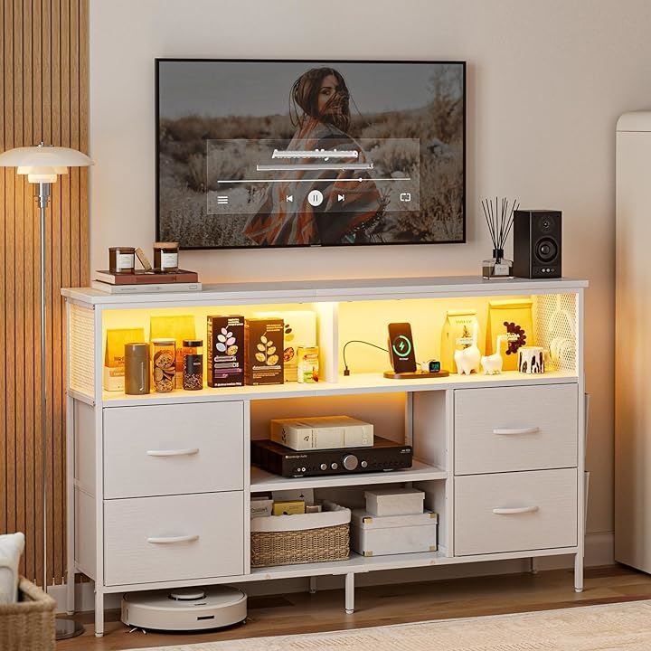 IKIFLY チェスト収納 タンス 棚付き 箪笥リビング収納チェスト LEDライト付き テレビボード おしゃれ 収納ケース 引き出し 大容量 USBポート付き洋服タンス 布製 玄関キャビネット ホワイト 幅140x奥行30x高さ82cm