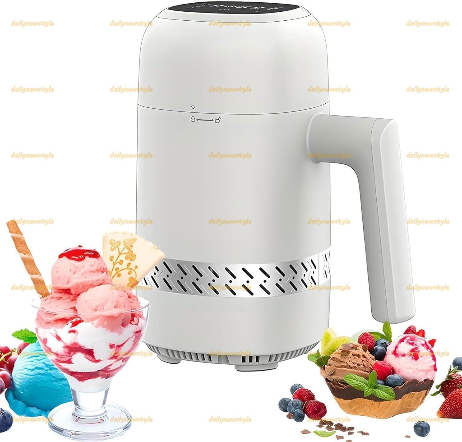 アイスクリームメーカー ポータブルフローズンデザートメーカー 300ml多機能自動アイスクリームマシン LEDタッチスクリーン 6つのモードと90分のクイック製造 アイスクリーム シャーベット作り用