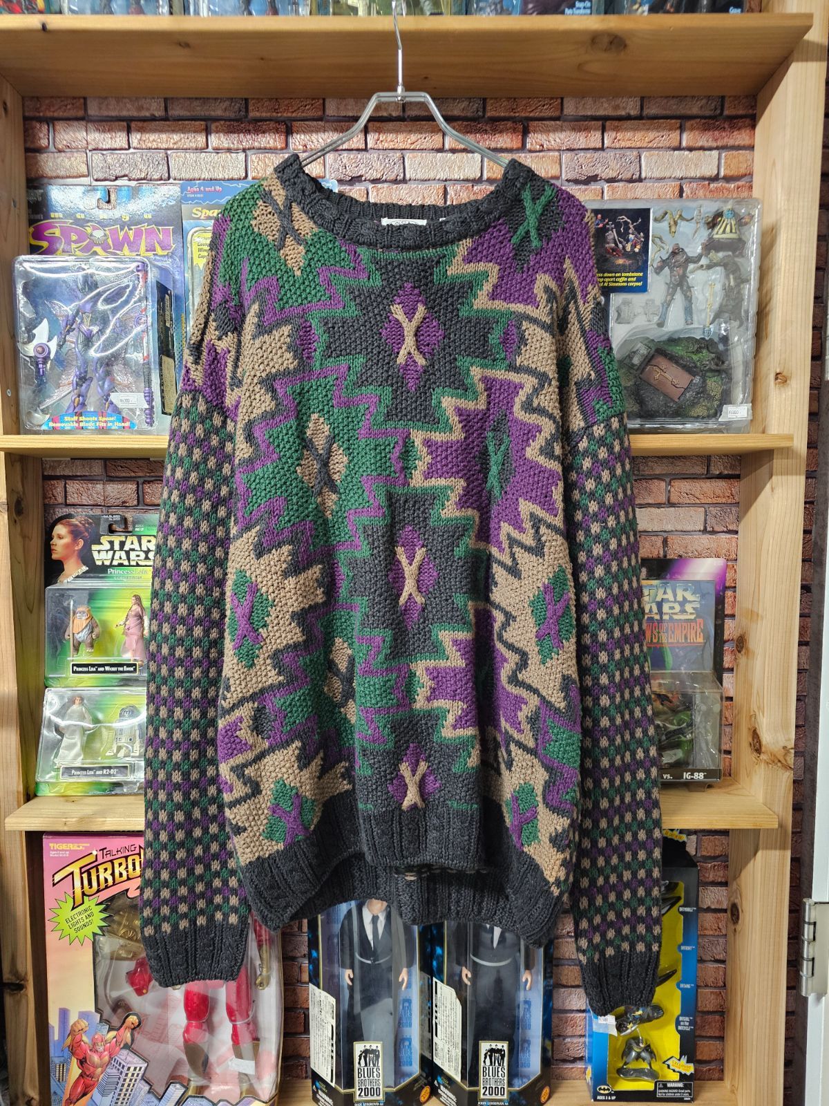 90s Geometric Ramie Cotton Sweater | 90年代 幾何学模様 ラミー コットン 手編み セーター マルチカラー ビックサイズ
