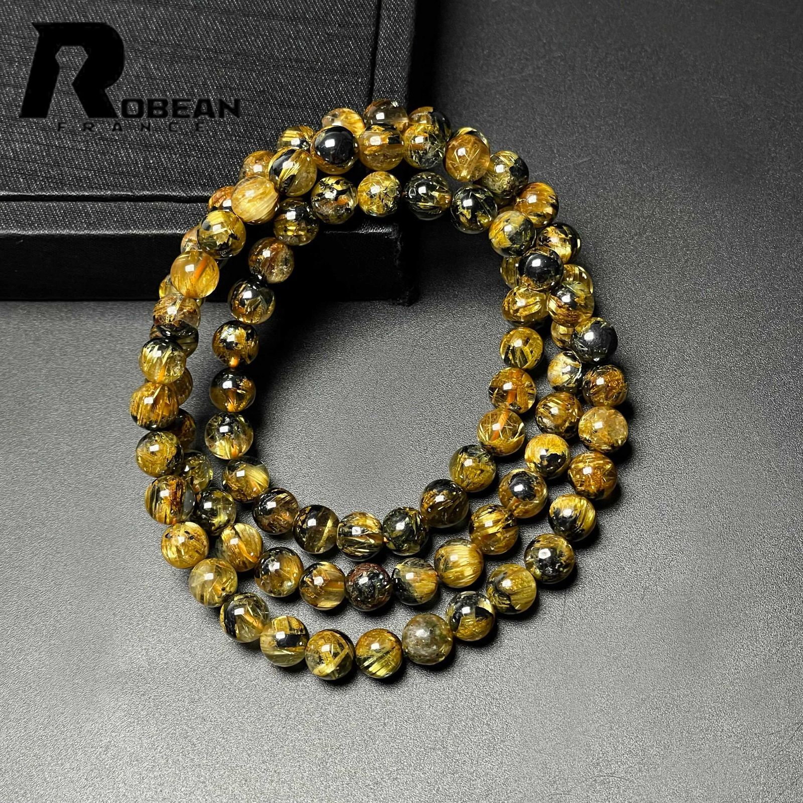 EU製 定価21万円 ROBEAN 太陽花タイチンルチル 黄金針水晶 金運 開運 ゴールド 3本巻きブレス パワーストーン プレゼント 6.3-6.9mm M0813364
