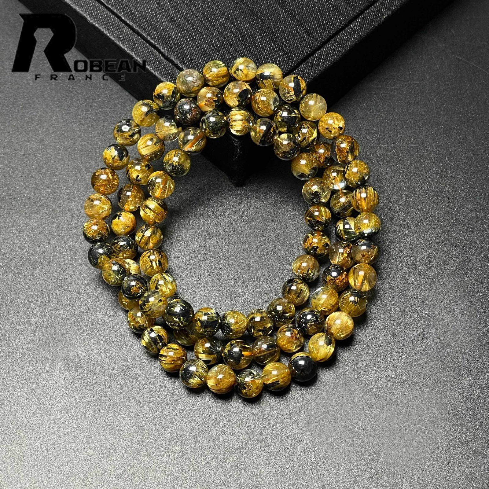 EU製 定価21万円 ROBEAN 太陽花タイチンルチル 黄金針水晶 金運 開運 ゴールド 3本巻きブレス パワーストーン プレゼント 6.3-6.9mm M0813364