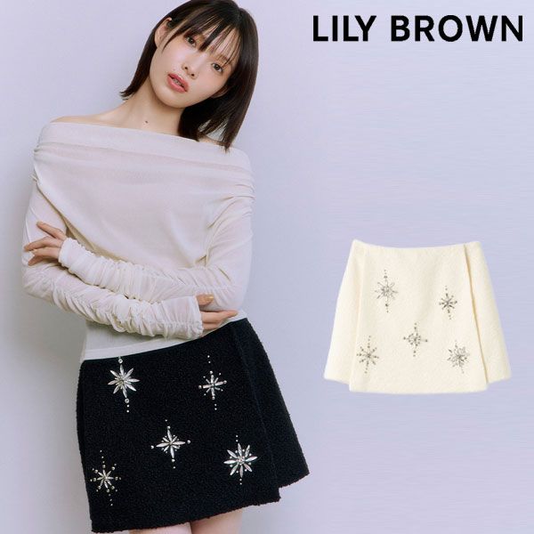 10 OFF リリー ブラウン LILY BROWN ボトムス 25秋冬 L.B CANDY STOCK スノーフレークビジューミニスカート ミニ丈 lwfs255808