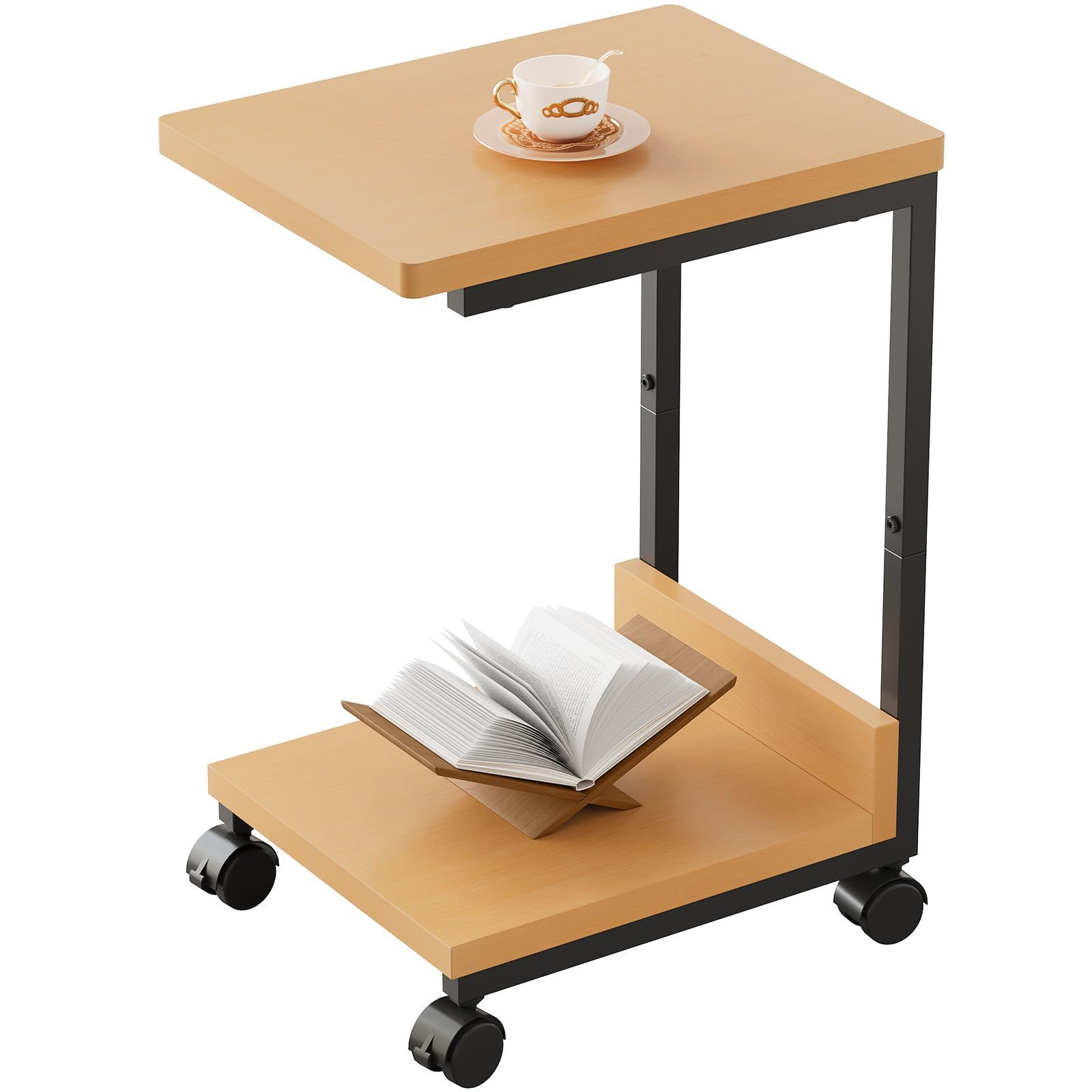 【在庫処分】YeTom サイドテーブル キャスター付き ベッドサイドテーブル 可移動ベッドテーブル サイドワゴン コの字 テーブル 層幅37×奥行26×高さ53cm（キャスター付き）ナチュラル